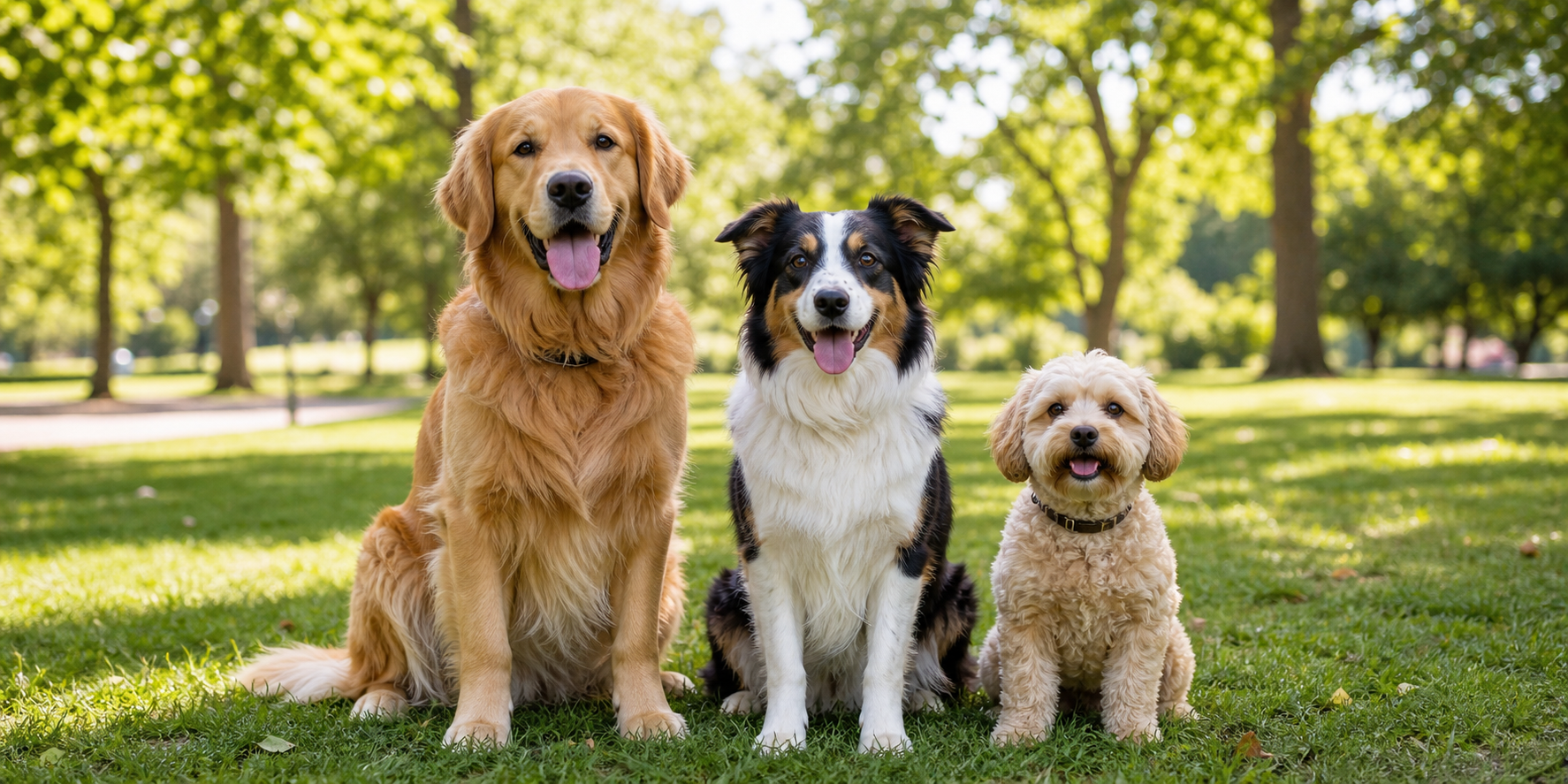 Three friendly dogs sitting together in a sunny park